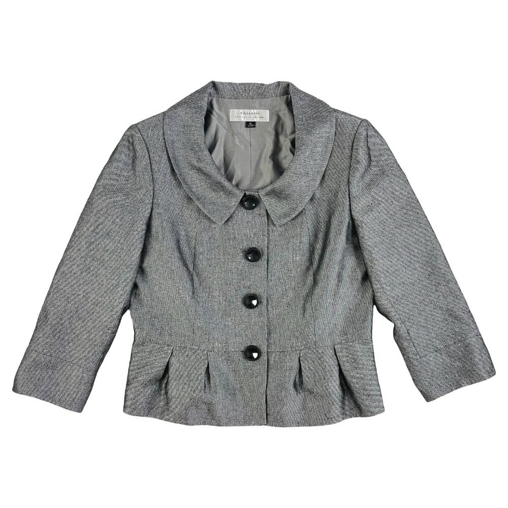 Vintage Tahari Women Blazer Button Front Lined Jacket Short Silvery Gray Medium